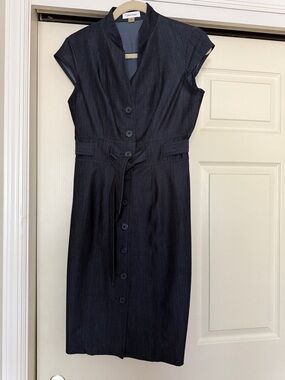Calvin Klein Navy Button-Front Belted Midi Dress